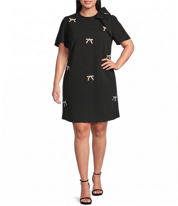 Sugarlips Plus Size Hendra Rhinestone Bow Mock Neck Short Sleeve Mini Dress