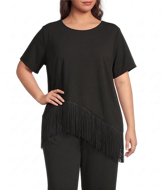 Sugarlips Plus Size Lendria Round Neck Short Sleeve Asymmetric Fringe Hem Coordinating Top
