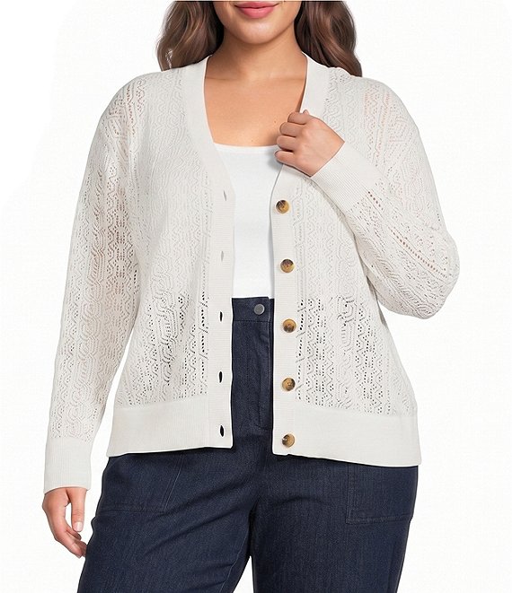 Sugarlips Plus Size Pointelle V-Neck Long Sleeve Button Front Cardigan