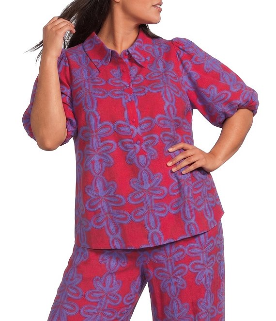 Sugarlips Plus Size Rory Abstract Viola Split Collar Short Sleeve Button Down Coordinating Linen Top