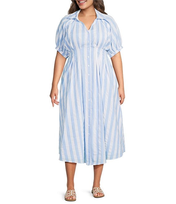 Sugarlips Plus Size Stripe Printed Collared V-Neck Short Sleeve Button Down Midi Dress