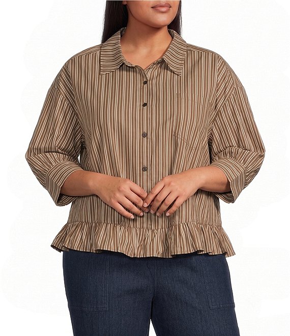 Sugarlips Plus Size Striped Collared 3/4 Sleeve Ruffle Hem Button Front Top