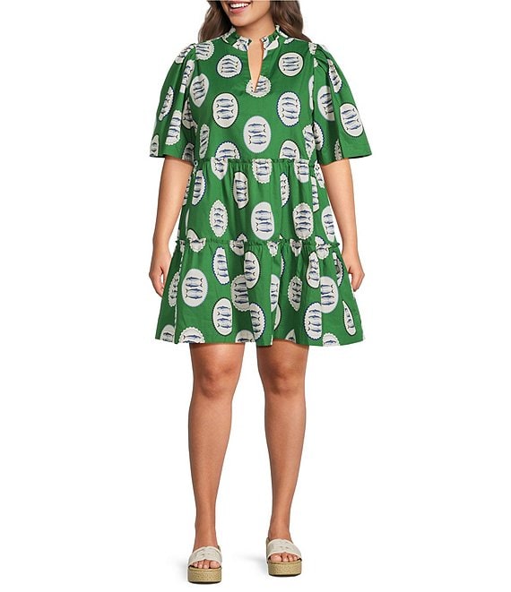 Sugarlips Plus Size Tropical Dixie Printed Split V-Neck Short Sleeve Poplin Shift Dress