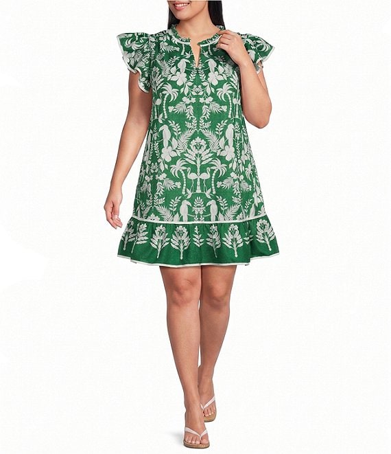 Sugarlips Plus Size Tropical Ebba Printed Split Neck Ruffle Cap Sleeve Mini Shift Dress
