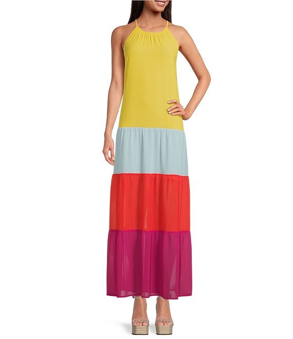 Color:Multi - Image 1 - Rainbow Rays Color Block Pleat Halter Neck Sleeveless Drop Waist Tiered Waistless Maxi Dress