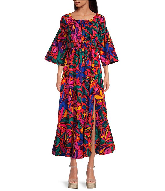 Color:Red-Multi - Image 1 - Rainbow Tropics Off-the-Shoulder Bell Sleeve Smocked Waist Poplin Maxi Dress