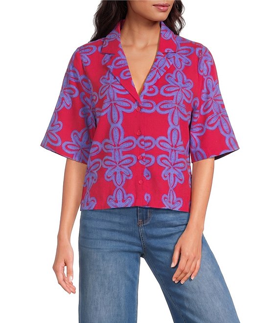 Sugarlips Rory Abstract Viola Split Collar Short Sleeve Button Down Coordinating Linen Top