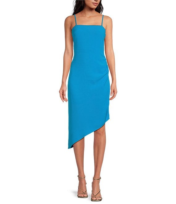 Color:Turquoise - Image 1 - Square Neck Sleeveless Spaghetti Strap Asymmetrical Hemline Ruched Dress