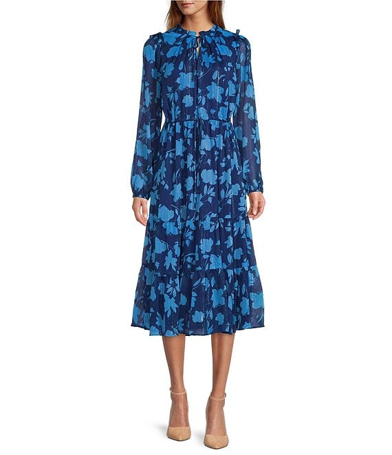 Color:Navy Ice Blue - Image 1 - Sweetwater Floral Print Split V-Neck Long Blouson Sleeve Tiered Midi Dress