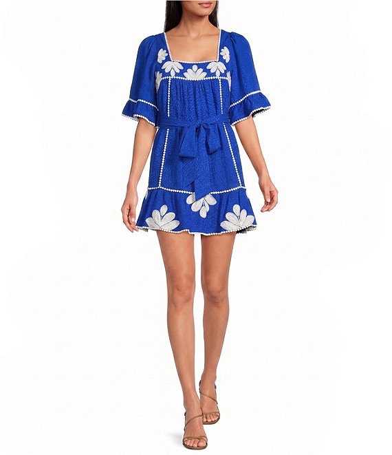 Sugarlips Tanya Floral Embroidered Square Neck Flutter Sleeve Linen Mini Dress
