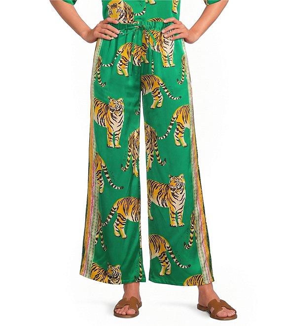 Sugarlips Tiger Jungle Printed Satin High-Rise Wide Leg Coordinating Pants