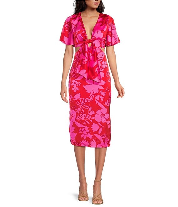 Sugarlips Tropical Print Satin V-Neck Tie Front Short Sleeve Midi Dress ...
