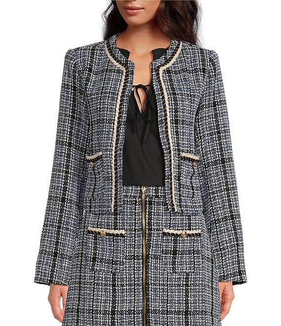 Color:Blue Multi - Image 1 - Tweed Plaid Print Crew Neck Long Sleeve Open Front Cropped Jacket