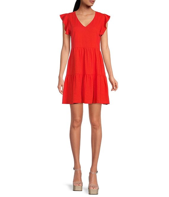 Color:Red - Image 1 - V-Neck Flutter Cap Sleeve Tiered Babydoll Mini Dress