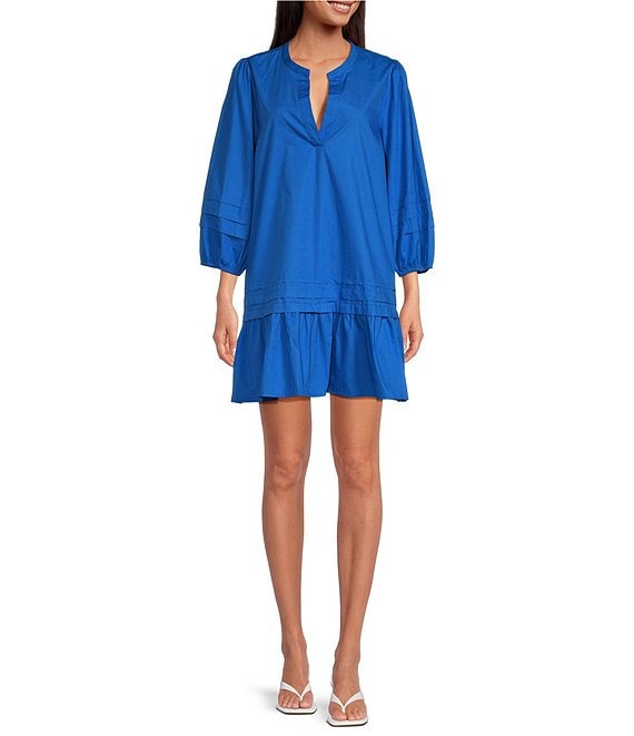 Sugarlips Velma Poplin Split V-Neck 3/4 Sleeve Ruffle Hem
