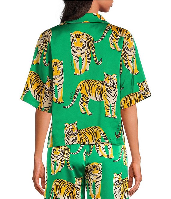 Sugarlips Violda Tiger Printed Satin Collared Short Sleeve Button