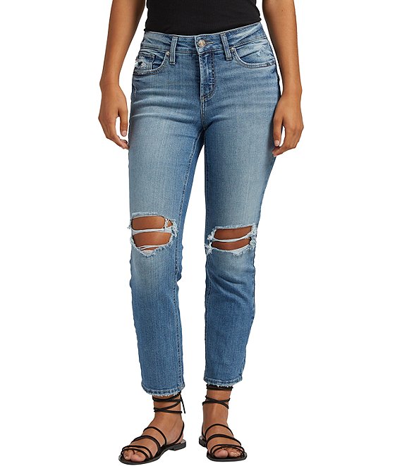 Color:Indigo - Image 1 - Suki Mid Rise Straight Destructed Cropped Jeans