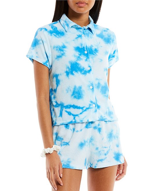 Color:Blue Tie Dye - Image 1 - Sundown by Splendid Coordinating Short Sleeve Knit Terry Tie Dye Camp Shirt