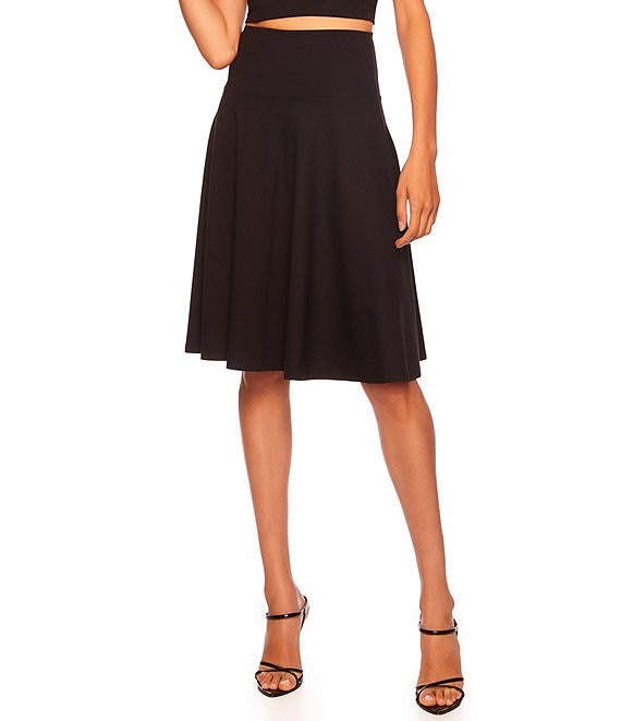 Color:Black - Image 1 - High Waisted Flared Signature Stretch Knit A-Line Skirt