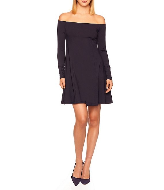 Color:Midnight - Image 1 - Off-the-Shoulder Long Sleeve Fit and Flare Mini Dress