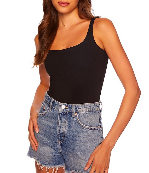 Color:Black - Image 1 - Signature Stretch Scoop Neck Sleeveless Spaghetti Strap Fitted Knit Tank Top