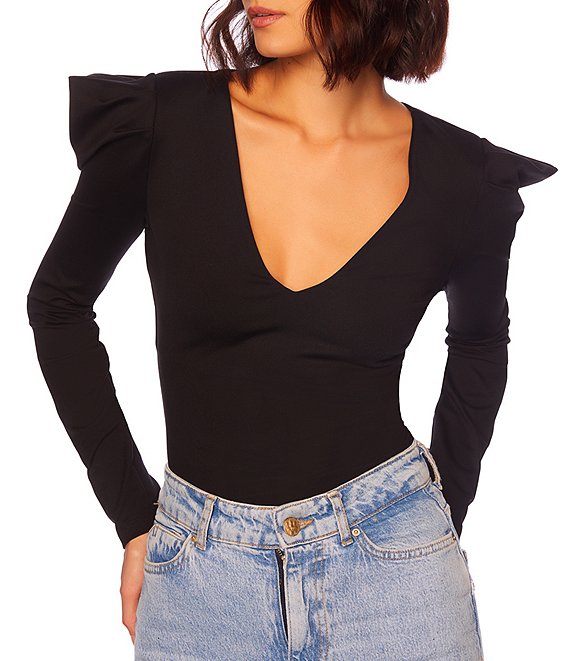 Long Sleeve Stretch V-neck Top Black