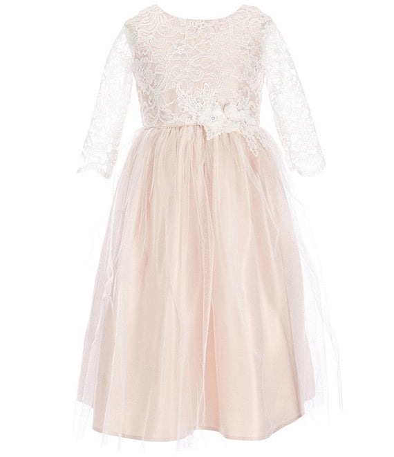 Color:Blush - Image 1 - Big Girls 7-16 Floral Lace 3/4 Sleeve Crystal Tulle Tea Dress