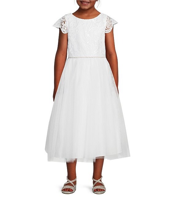 Color:White - Image 1 - Big Girls 7-16 Short-Sleeve Sequin-Embellished Lace/Satin/Crystal Tulle Fit-And-Flare Dress