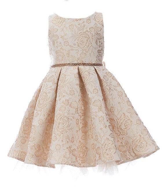 Color:Champagne - Image 1 - Big Girls 7-16 Sleeveless Floral-Metallic-Jacquard Fit-And-Flare Dress