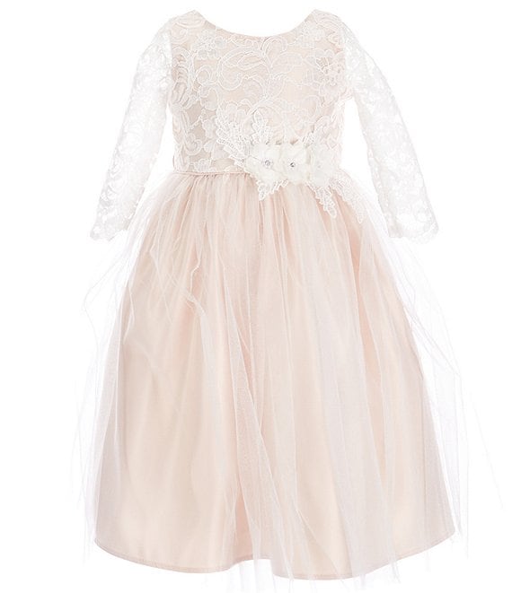 Color:Blush - Image 1 - Little Girls 2-6 3/4 Sleeve Floral Lace Crystal Tulle Dress