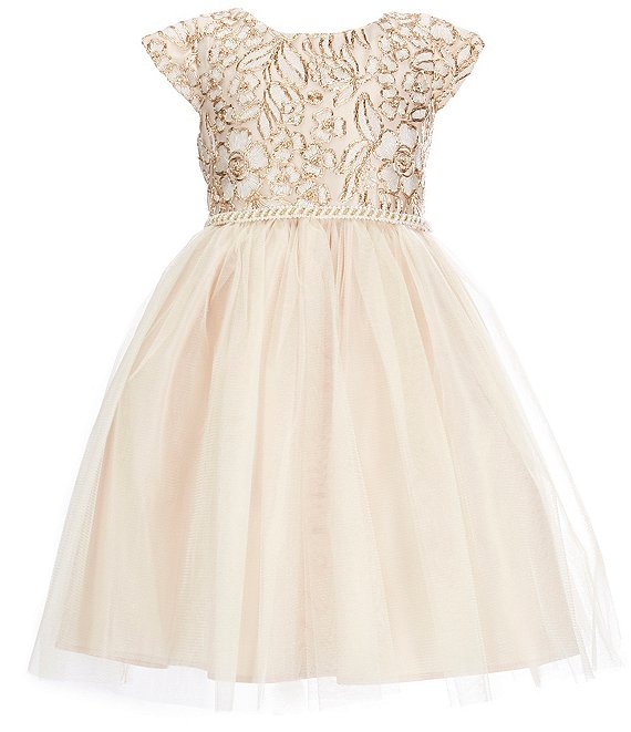 Color:Champagne - Image 1 - Little Girls 2-6 Cap Sleeve Dull Satin Metallic Cord Embroidered Crystal Tulle Dress