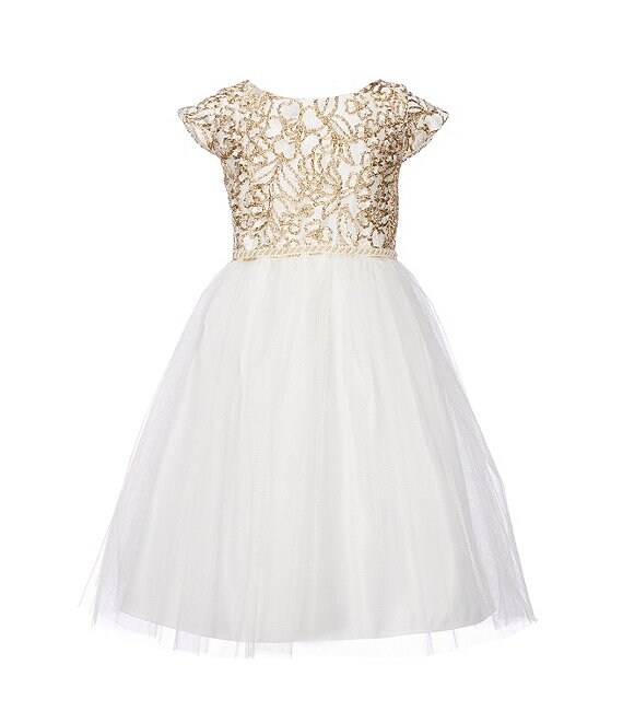 Color:Off-White - Image 1 - Little Girls 2-6 Embroidered/Tulle-Skirted Fit-And-Flare Dress