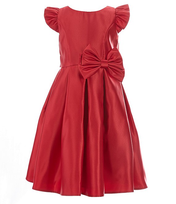 Color:Red - Image 1 - Little Girls 2-6 Flutter Sleeve Bow Detail Pleated Dull Satin Tea Dress