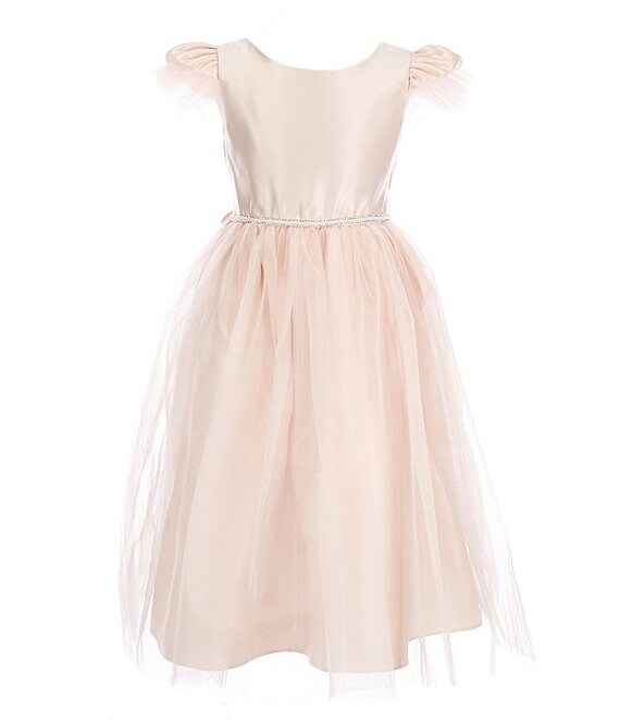 Color:Blush - Image 1 - Little Girls 2-6 Flutter Sleeve Rhinestone Waist Satin Crystal Tulle Tea Dress