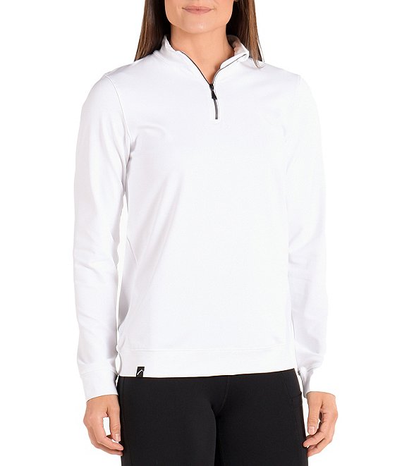 Color:White - Image 1 - Boyfriend Quarter Zip Mock Neck Long Sleeve Pullover