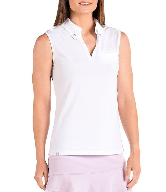 Color:White - Image 1 - East Hampton Collection Claire Sleeveless V-Neck Point Collar Polo