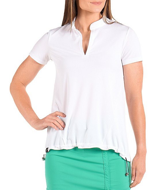 Color:White - Image 1 - Flutter Collection Scarlett Banded Collar V-Neck Short Sleeve Top