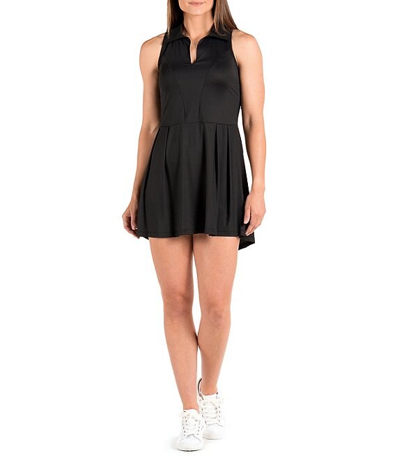Color:Black - Image 1 - Heat Sleeveless Point Collar V-Neck Mesh Racerback Stretch Jersey Mini Dress