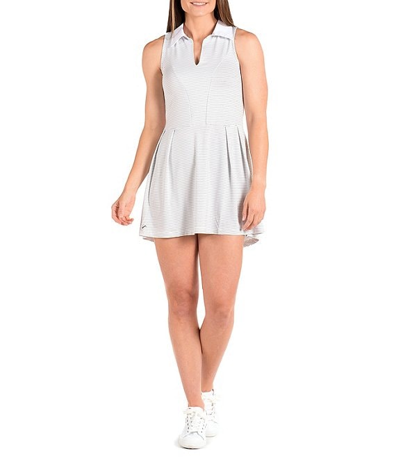 Color:White - Image 1 - Heat Stripe Print Sleeveless Point Collar V-Neck Mesh Racerback Stretch Jersey Mini Dress