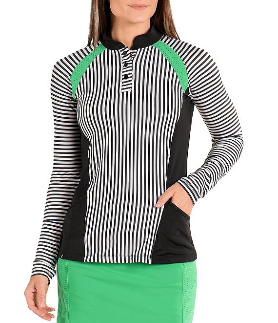 Color:Black/White - Image 1 - Rain Forest Abby Stripe Print Long Sleeve Mandarin Collar Pocketed Top