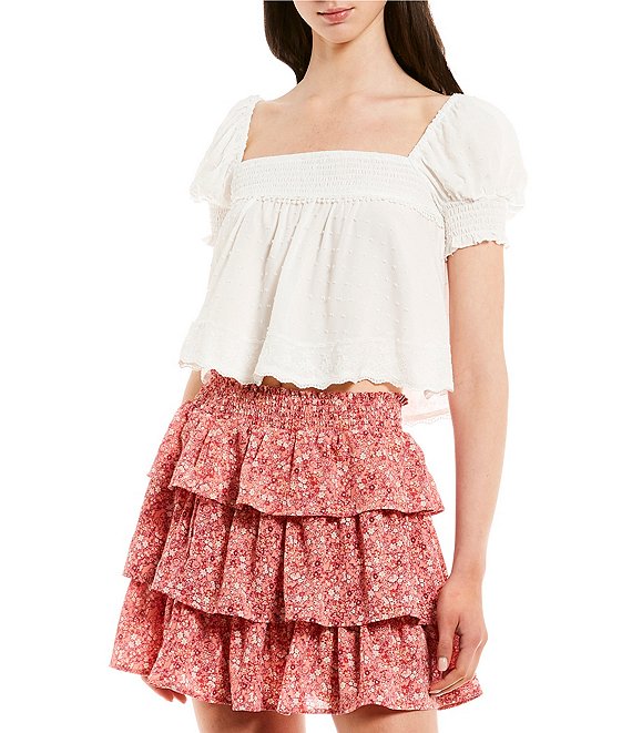 Color:Winter White - Image 1 - Swiss Dot Puff Sleeve Woven Lace Trim Top
