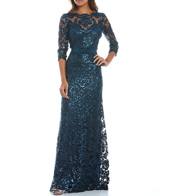 Tadashi Shoji 3/4 Sleeve Sequin Embroidered Boat Neck Sheath Gown ...