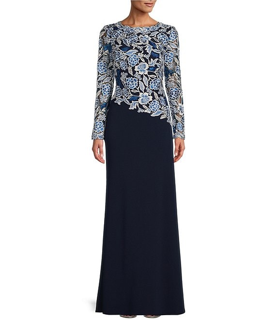 Tadashi Shoji Asymmetrical Embroidered Lace Boat Neck Long Sleeve Gown ...