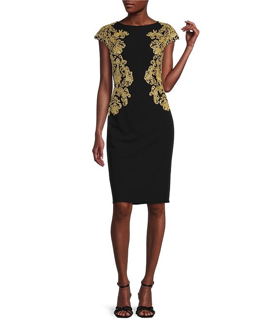 Color:Gold/Black - Image 1 - Boat Neck Cap Sleeve Lace Applique Sheath Dress
