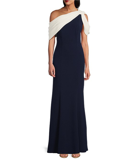 Tadashi Shoji Crepe One Shoulder Drape Twist Knot Gown