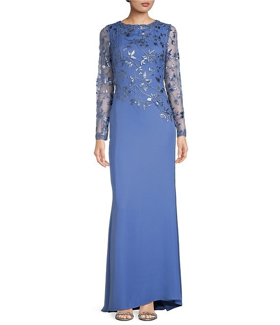 Color:Cadet Blue - Image 1 - Embroidered Bodice Long Sleeve Gown