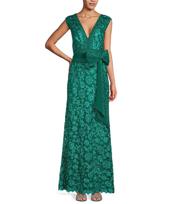 Tadashi Shoji Floral Embroidered Lace V-Neck Sleeveless Bow Gown | Dillard's