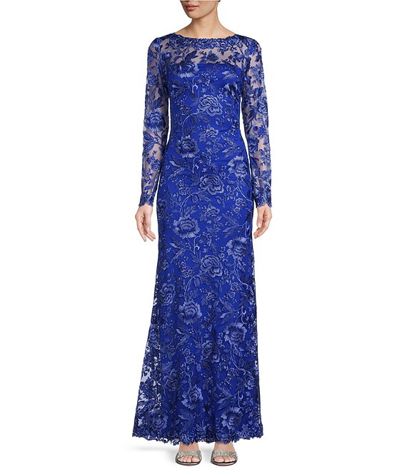 Color:Lagoon - Image 1 - Illusion Long Sleeve Boat Neck Embroidered Lace V-Back Gown