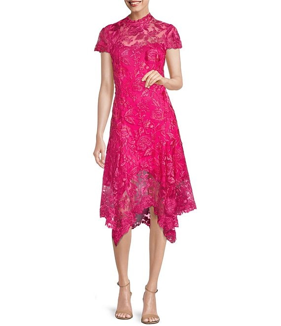 Color:Dahlia - Image 1 - Illusion Mock Neck Floral Lace Short Sleeve Handkerchief Hem Midi Dress