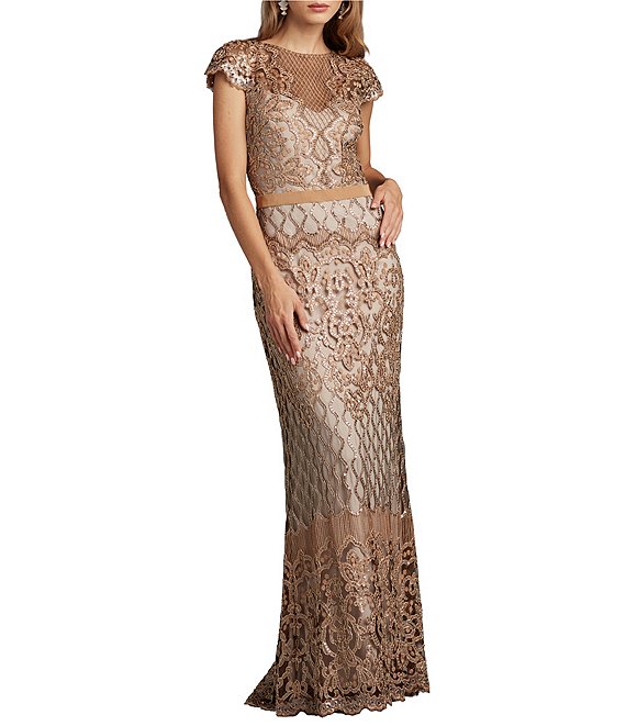 Tadashi Shoji Illusion Neck Cap Sleeve Sequin Lace Column
